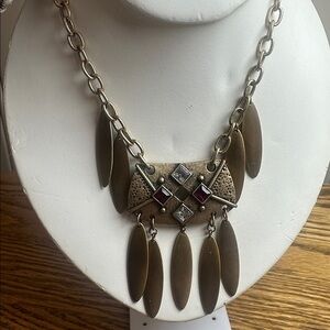 Gold Tone Geometric Pendant Necklace with red and clear rhinestones.